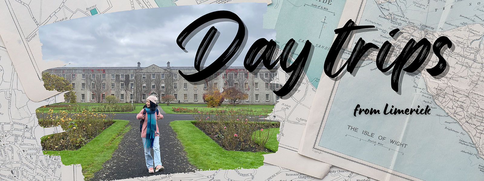 Image of student walking up path with historic building behind her and surrounded by maps