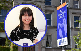 A photo of Shirley Heaney inset with MIC Foundation building