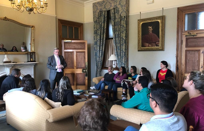 President of Mary Immaculate College (MIC), Prof. Eugene Wall, pictured speaking with teachers from Brazil at MIC. 