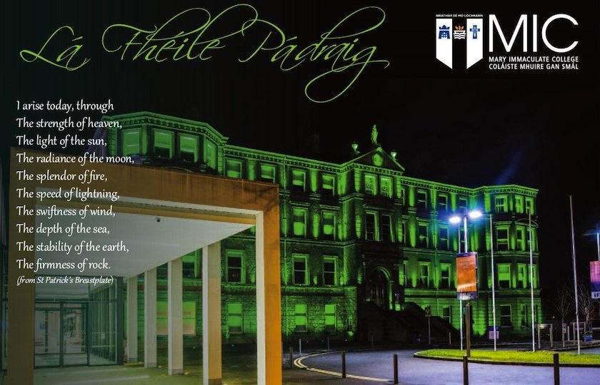 Foundation Building, Mary Immaculate College lit up in green at night for St Patrick's Day