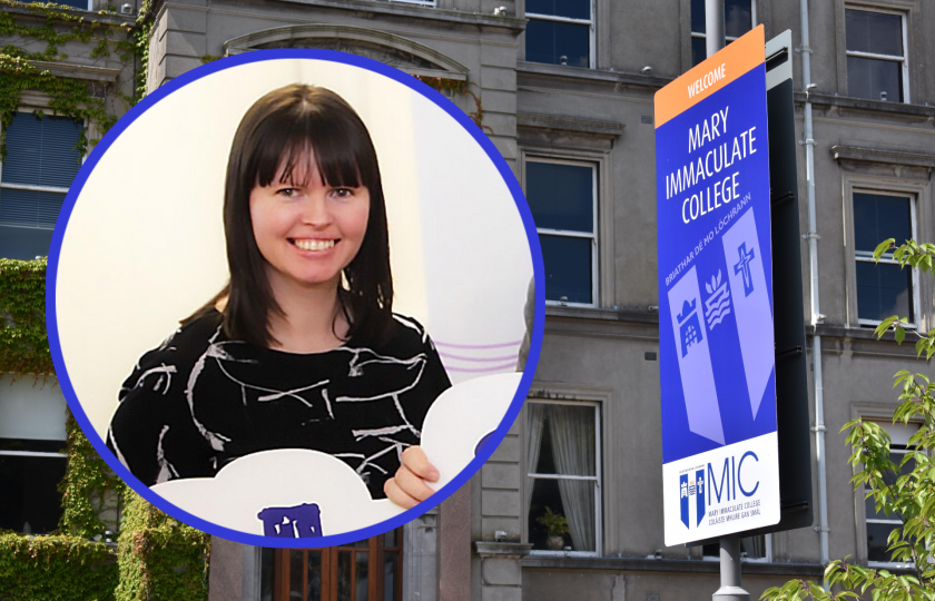 A photo of Shirley Heaney inset with MIC Foundation building