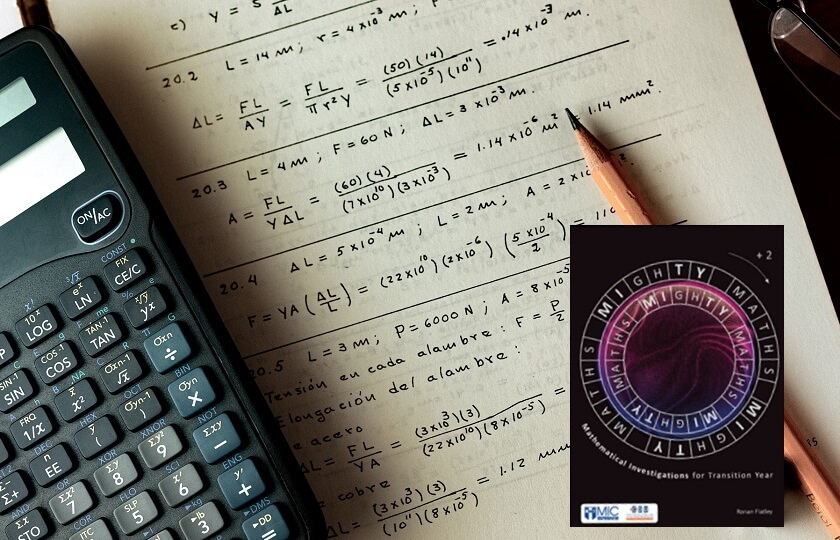 Stock photo of page of maths problems with book cover of MIghTY Maths by Dr Ronan Flatley superimposed on it