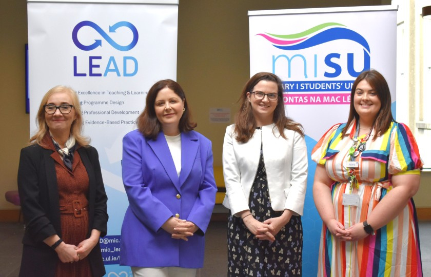 Dr Geraldine Brosnan, Director of Student LIfe, Professor Niamh Hourigan, Vice-President of Academic Affairs at MIC, Dr Laura Costelloe, Assistant Professor in Academic Practice within the Learning Enhancement and Academic Development Centre; Aoife Gleeson, President of Mary Immaculate Students' Union (MISU) standing in front of a LEAD and MISU banner 