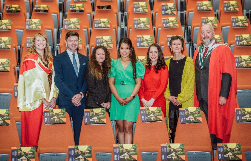 The five students pictured with Dr Julianne Stack and Professor Michael Healy