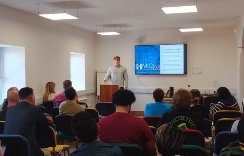 Fourth-year BA philosophy student Michael Kieran-McDonagh (MIC) giving a talk 