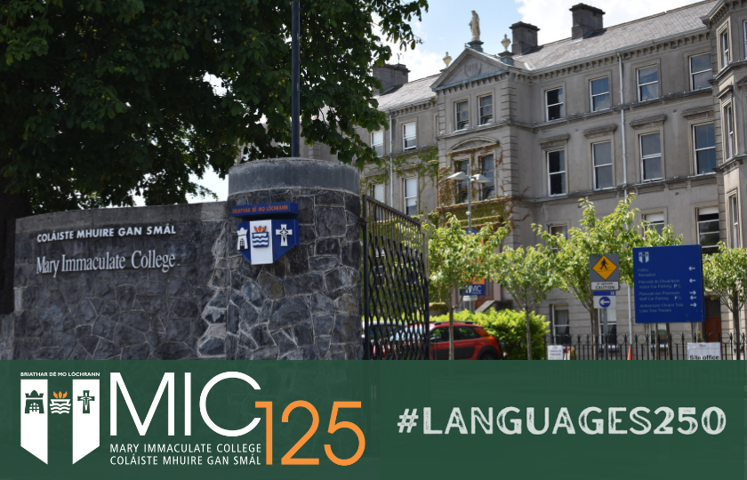 MIC gates and Foundation building with MIC125 logo and #Languages250 logo on green strip at end