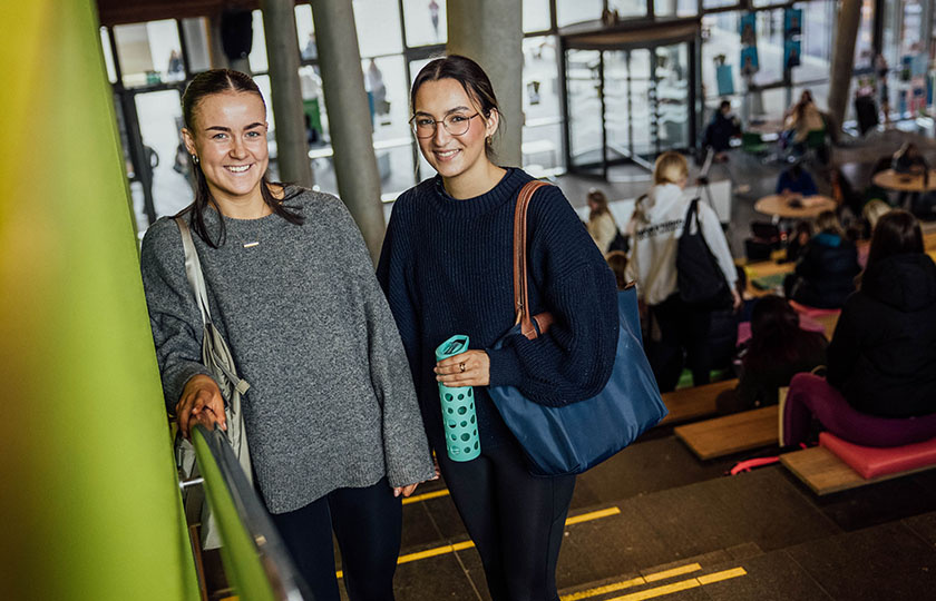 Two students at the top of the steps in TARA building