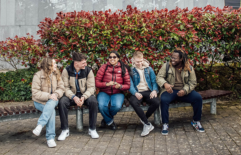 Five students outside TARA building at MIC Limerick campus.