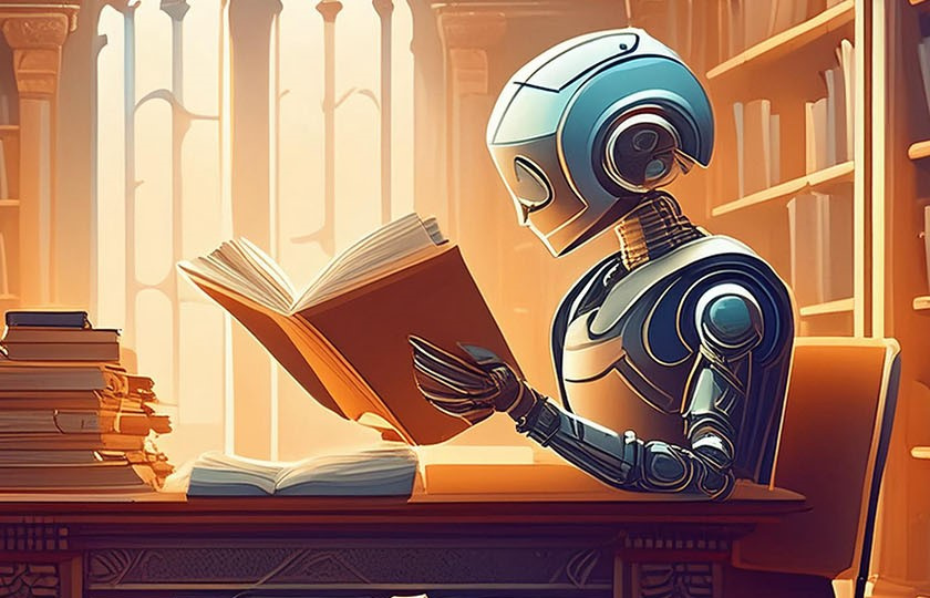 An AI-generated image of a robot sitting in a library reading a book