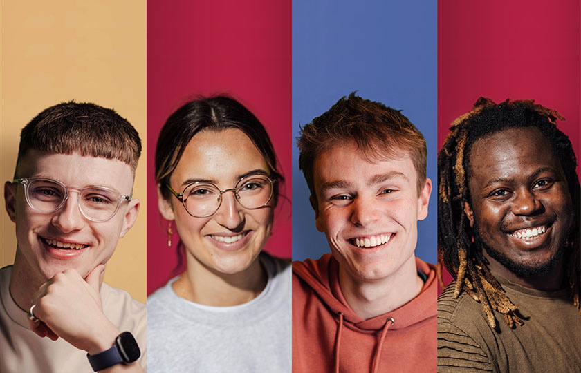 Four undergraduate students against four colour backgrounds.