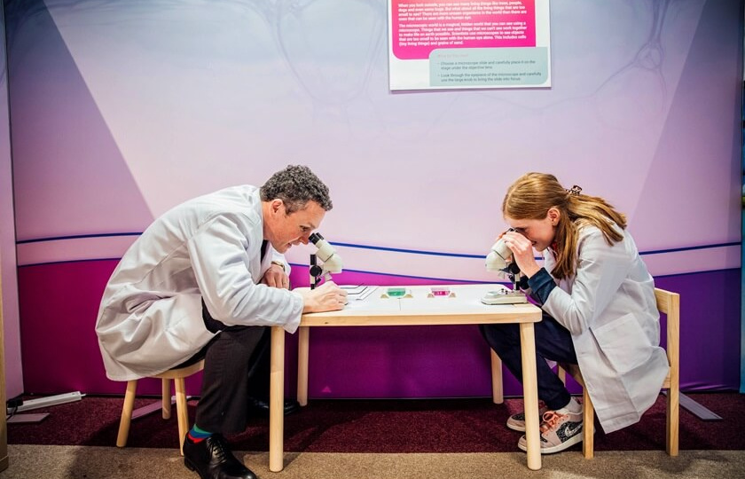 Minister for Further and Higher Education, Research, Innovation and Science, Patrick O’Donovan TD with a pupil from An Mhodhscoil Limerick at the launch of the Regeneron Future Scientist Exhibition in Mary Immaculate College