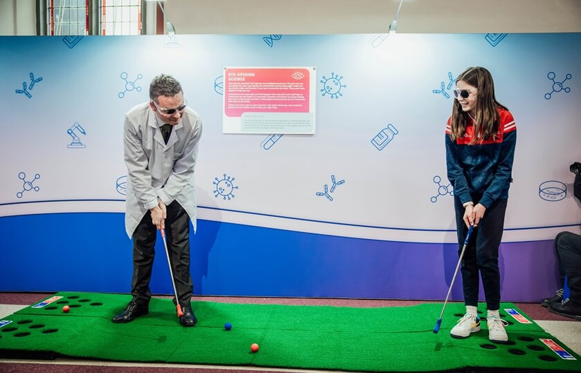 Minister for Further and Higher Education, Research, Innovation and Science, Patrick O’Donovan TD with a pupil from An Mhodhscoil Limerick at the launch of the Regeneron Future Scientist Exhibition in Mary Immaculate College