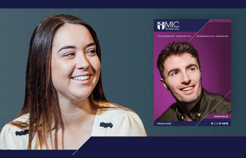 MIC student alongside the postgraduate prospectus graphic