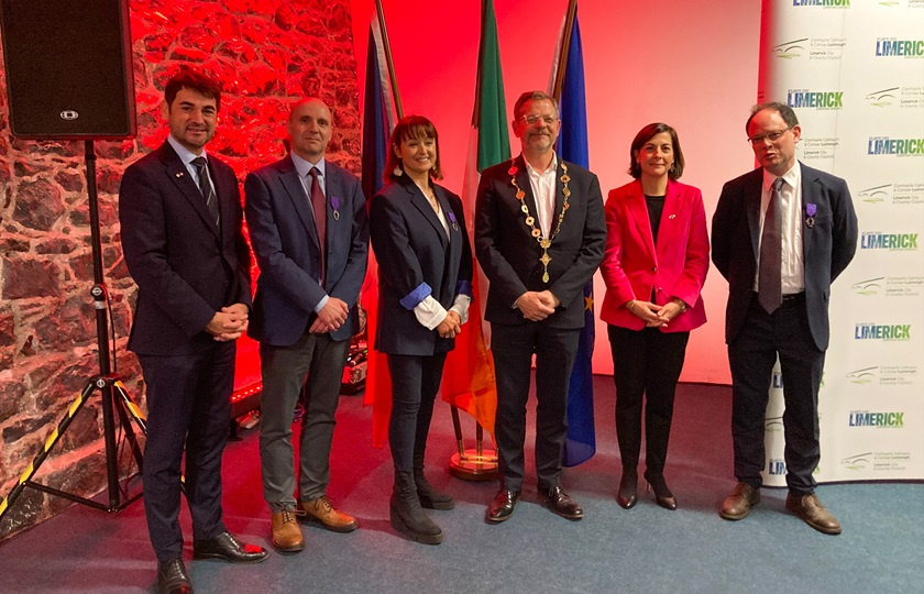 (from left to right): Dr Loïc Guyon (Honorary Consul of France and Head of the Department of French Studies at MIC), Dr Liam Chambers (Head of the Department of History at MIC), Ms Eileen O’Connor (other awardee), Mr John Moran (Mayor of Limerick), Her Excellency Céline Place (Ambassador of France to Ireland) and Dr Michael G. Kelly (other awardee).