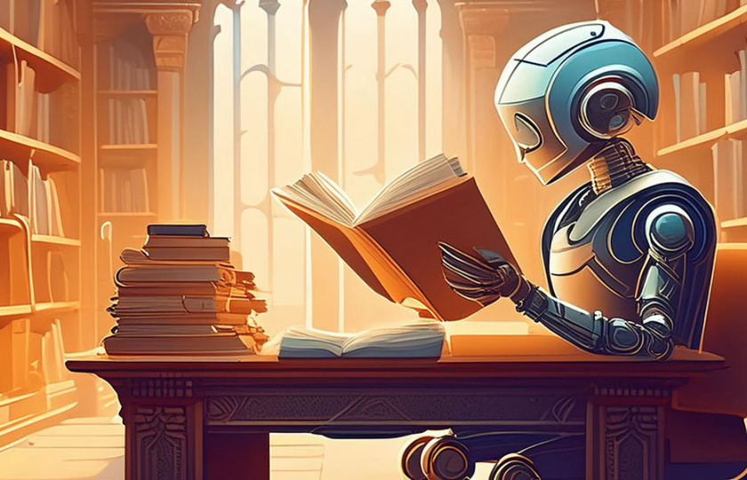 AI Conference image of robot in a library