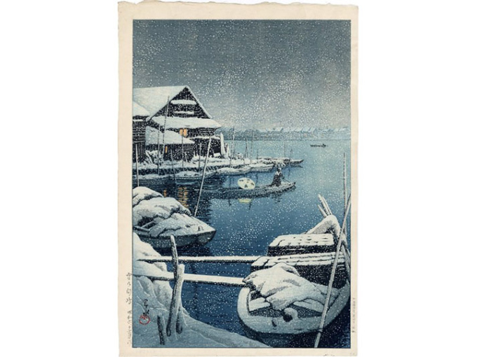 Lakeside snow scene